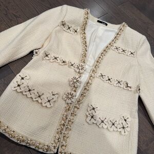 Elegant Cream Embellished Women's Blazer